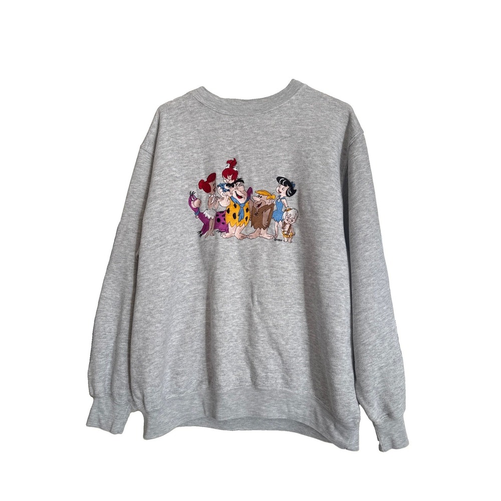 Vintage 90's Flintstones Crewneck Sweatshirt Size L Embroidered Gray